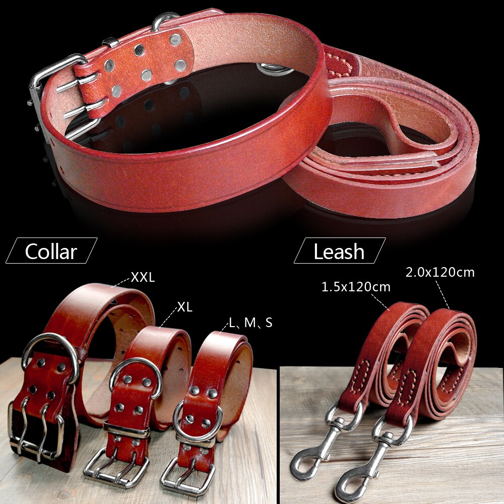 Heavy Duty Plain Leather Pet Dog Collar Leash Set Adjustable For Small Medium Large Dog Breed Pitbull Boxer Bulldog S -2XL Brown