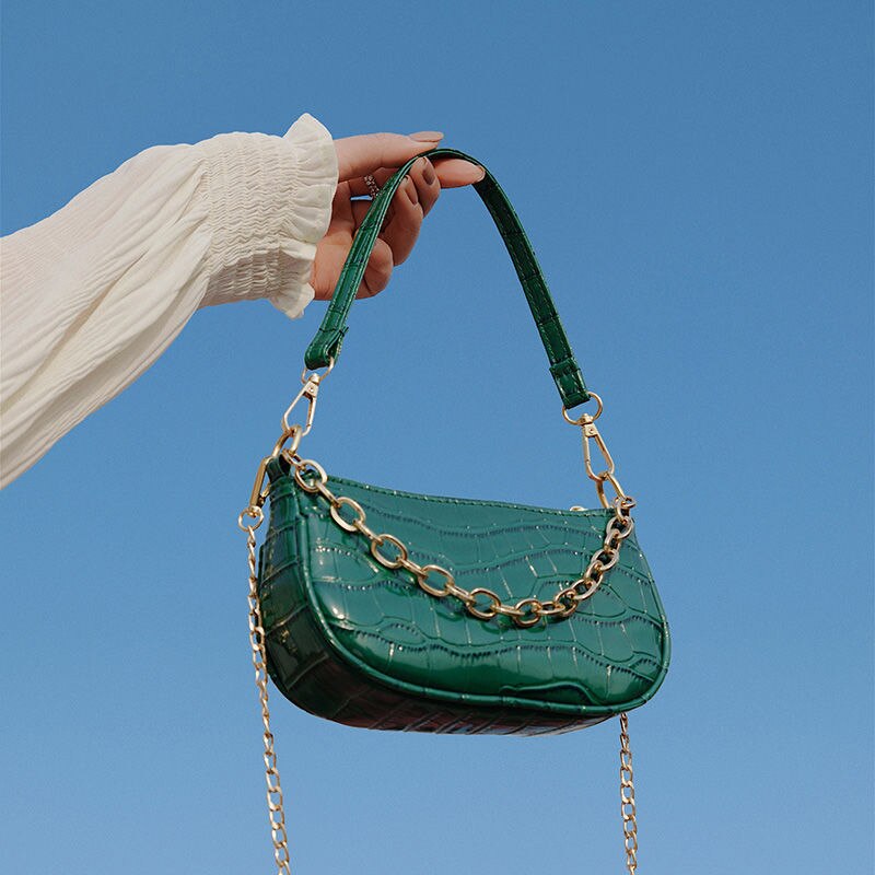 Krokodillemønster læder crossboay taske til kvinder små baguette håndtasker luksus dame clutch pung skuldertaske: Grøn