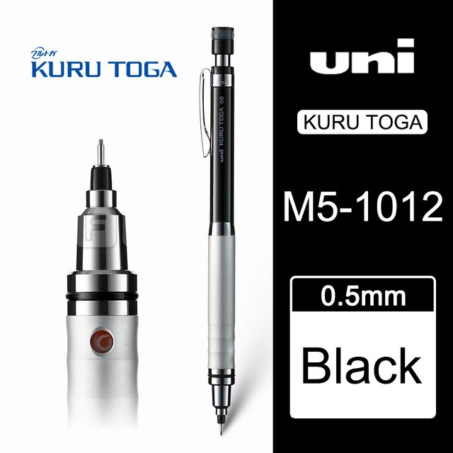 UNI Kuru Toga Metal Mechanical Pencils M5-1012 Student Art Manga Major Drawing Sketch Unbreakable Lead Core Rotatable 0.5mm: Black