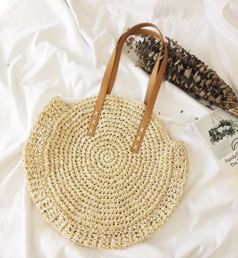 precioso bolso redondo de paja para mujer, bohemio, informal, de verano, tejido a mano, redondo, de mimbre, bolsos de playa, bolso de hombro de paja a la para mujer: 1