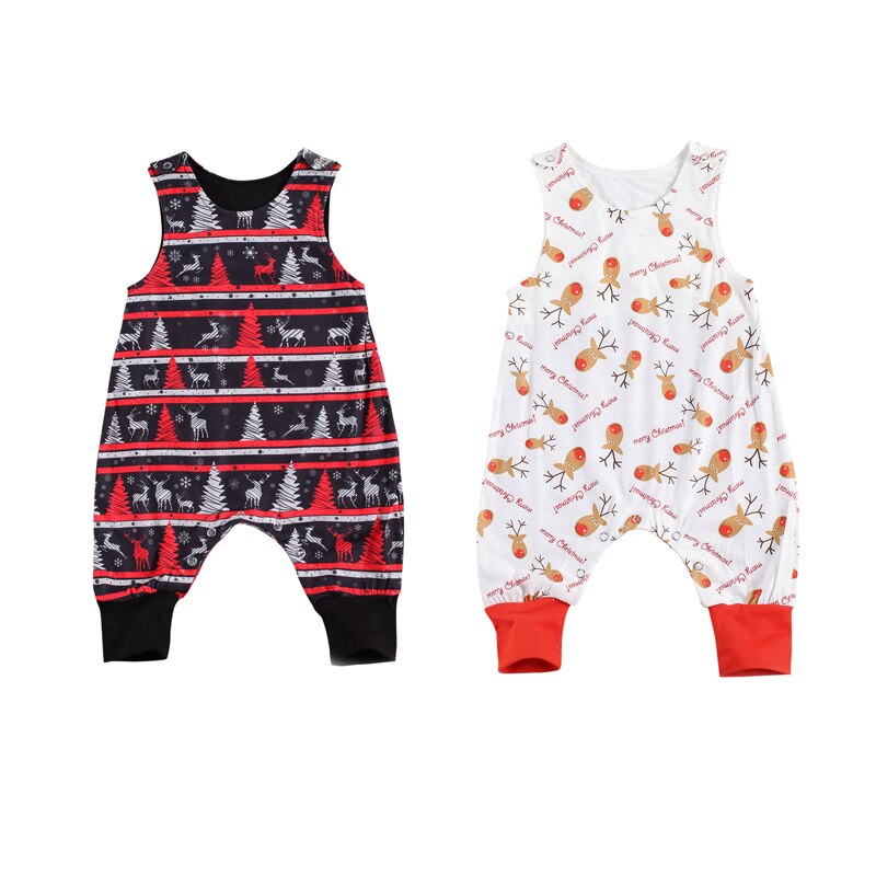 0-24m kerst rompertjes voor babymeisjes en jongens, mouwloos, met knoopjes, eendelig, met cartoonprint