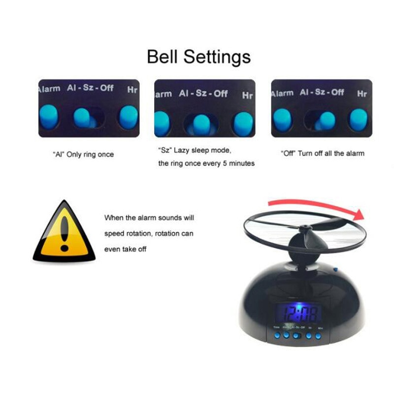 Toy With Clock Backlight Alarm Clock Flying Lazy Helicopter Black