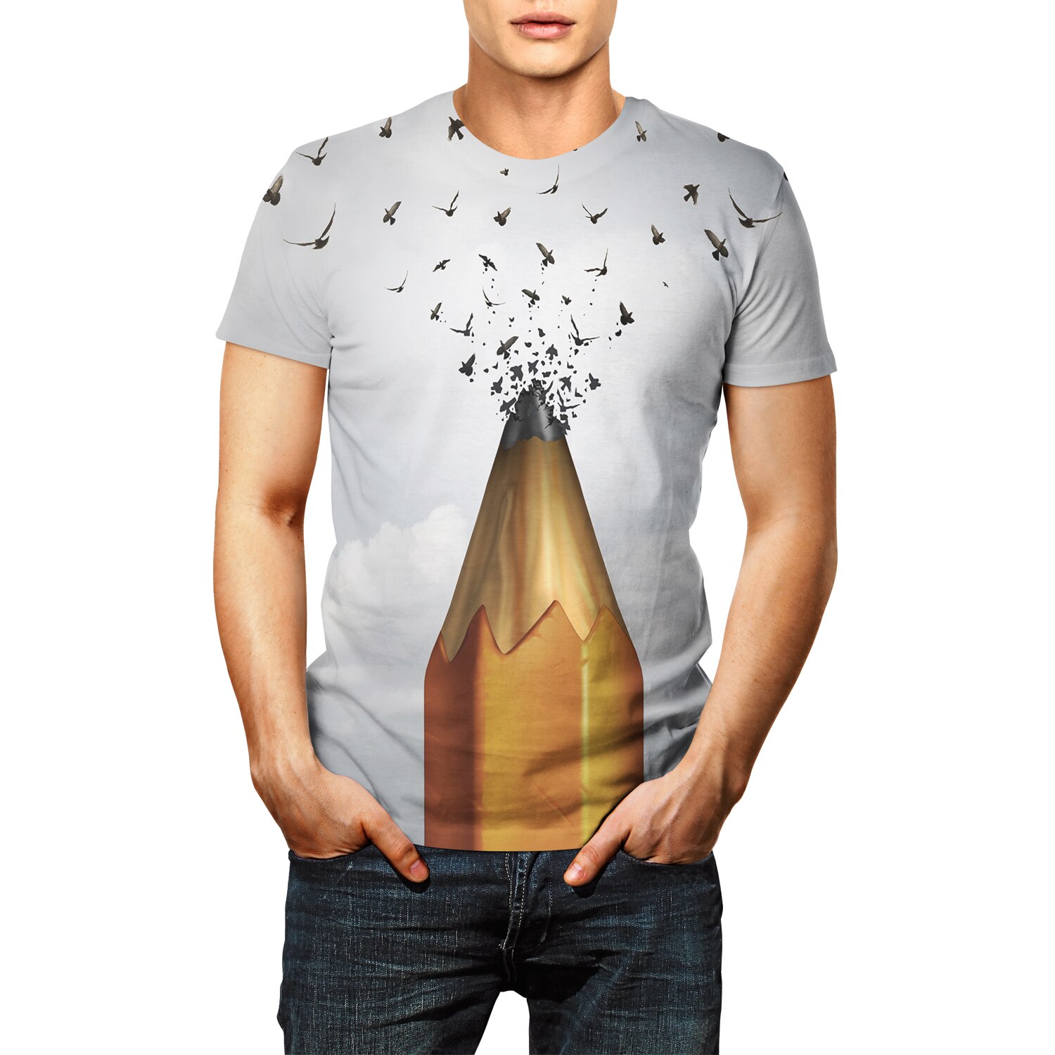 Sommer plus size herre t-shirt blyant 3d print kortærmet rund hals top t-shirt homme til herretøj hvid