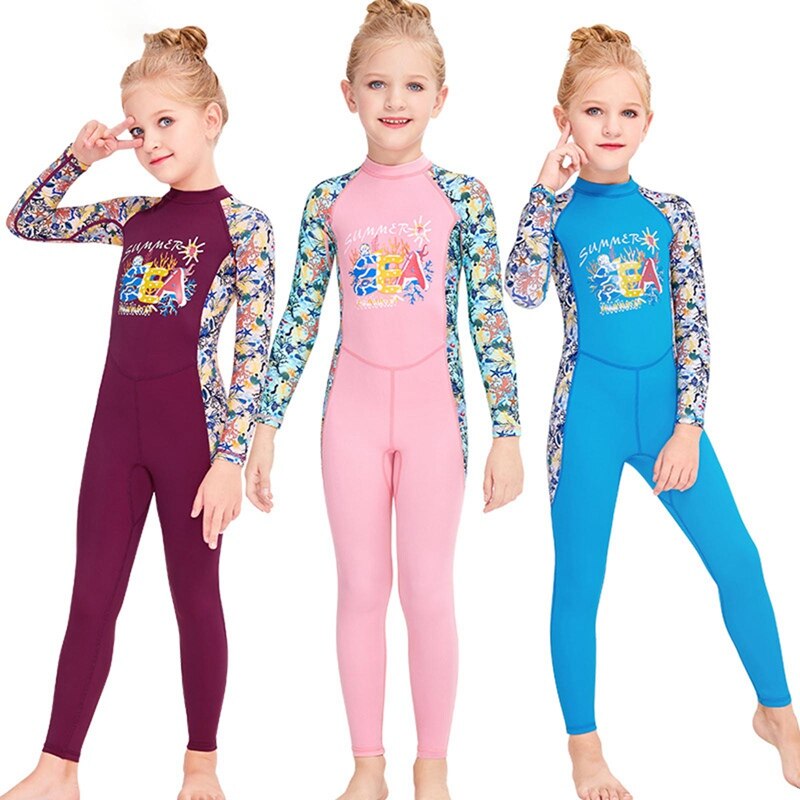 One-piece Kids Swimwears Diving Suits Long Sleeves Girls Surfing Diving Jumpsuits Children Rash Guards Snorkel