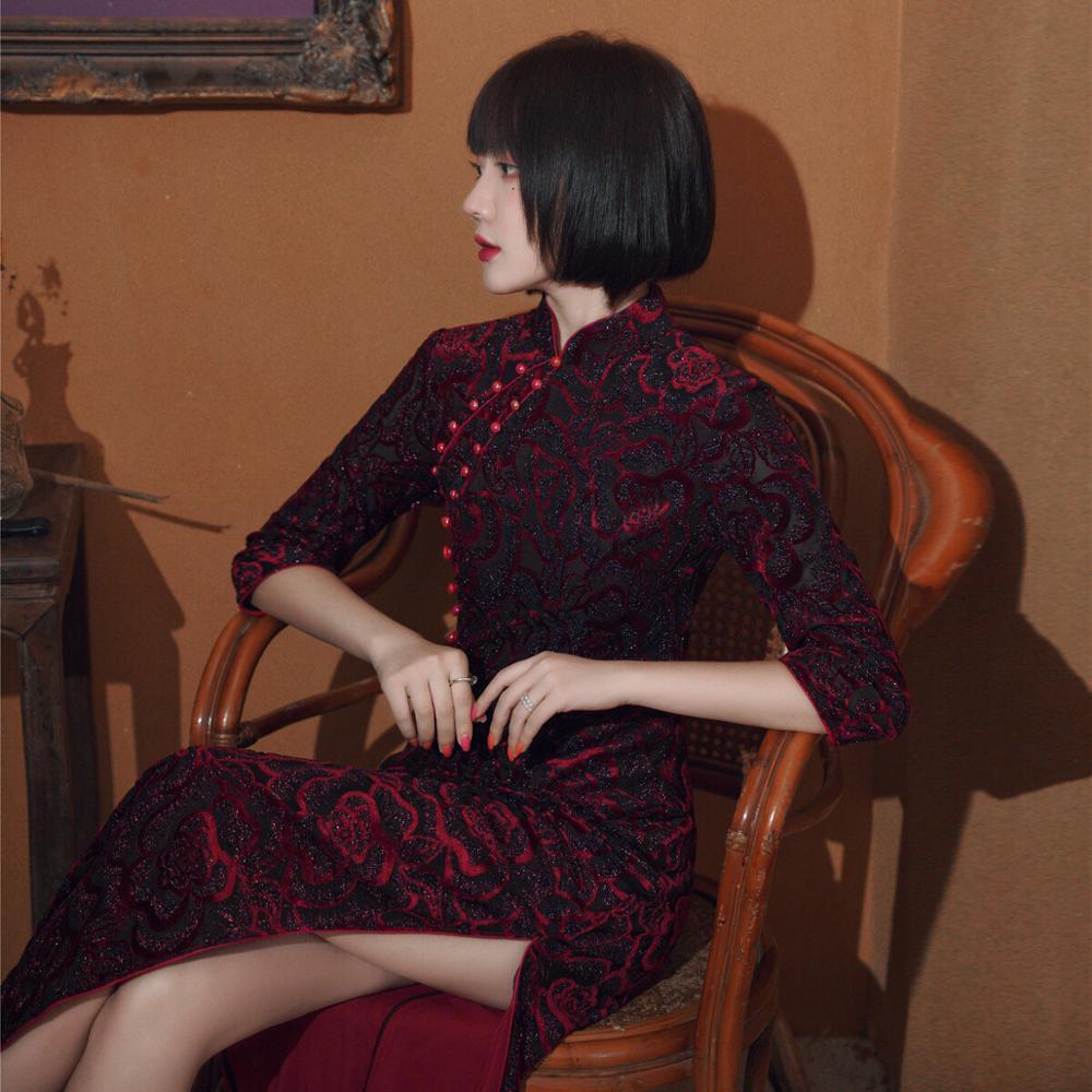 Oriental Long Dress Traditional Chinese Velvet Cheongsam Winter Qipao Dresses Cheongsams Velour Qi Pao