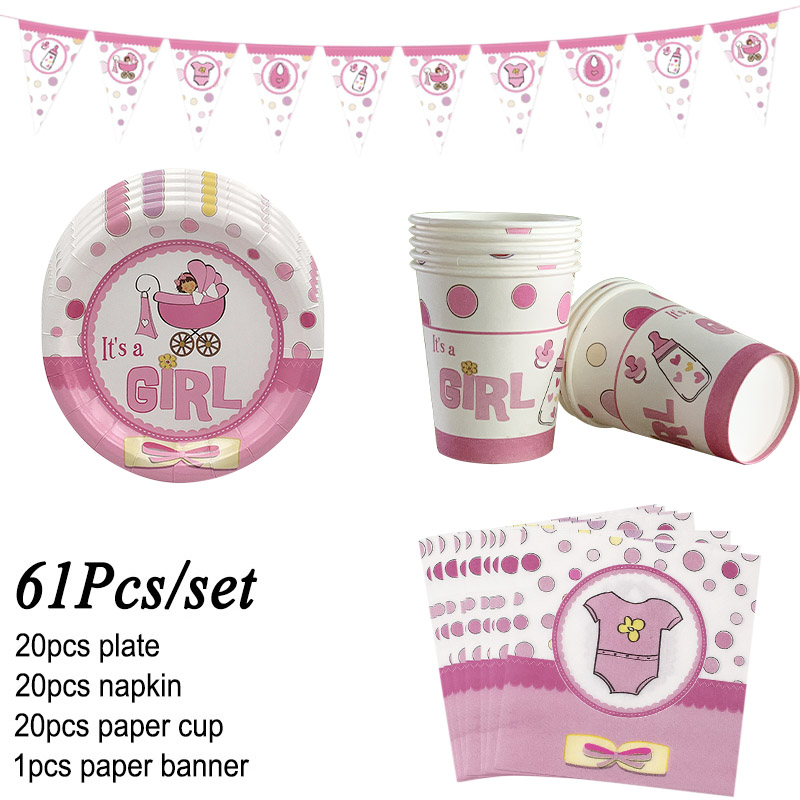 61 unids/set juegos de vajilla para Baby Shower taza y plato de papel de cumpleaños niña niño Baby Shower decoración favorece el género Reveal: 61pcs girl set
