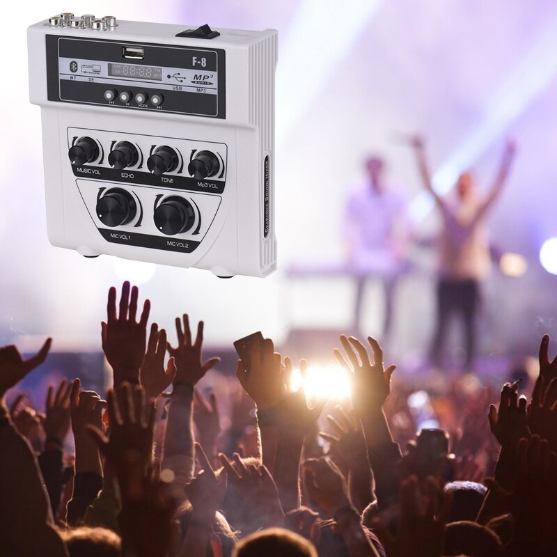 Bluetooth o DJ Mixer Home Mixer Outdoor Microphone Amplifier Small Mixer with 2 Microphone White