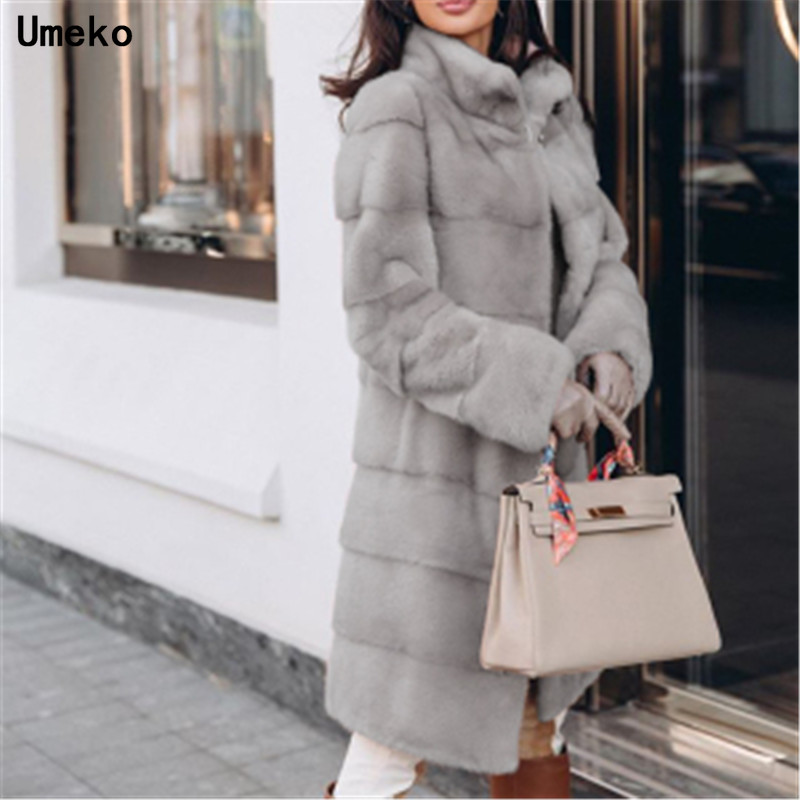 Umeko Elegante Effen Faux Vos Bontjas Vrouwen Winter Mode Medium Kunstmatige Vos Bontjas Vrouw Warm Nep Vos Bont jassen Vrouwelijke