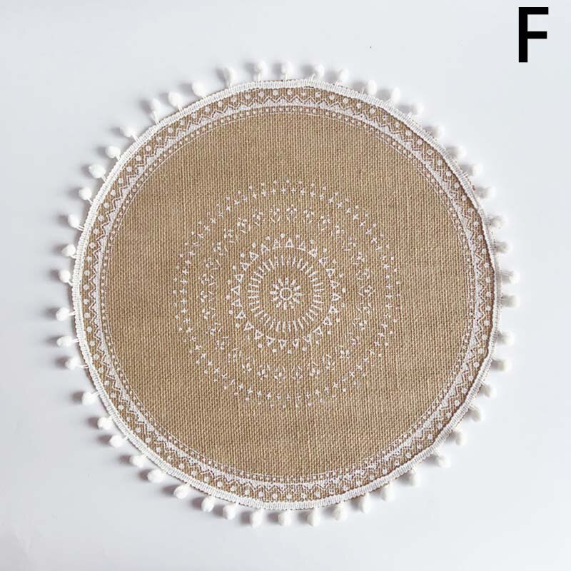 Prachtige Geweven Jute Katoen Tafel Mat Bohemian Stijl Afdrukken Placemat Ronde Voedsel Pad Dining Servies Coaster Keuken Decor: F