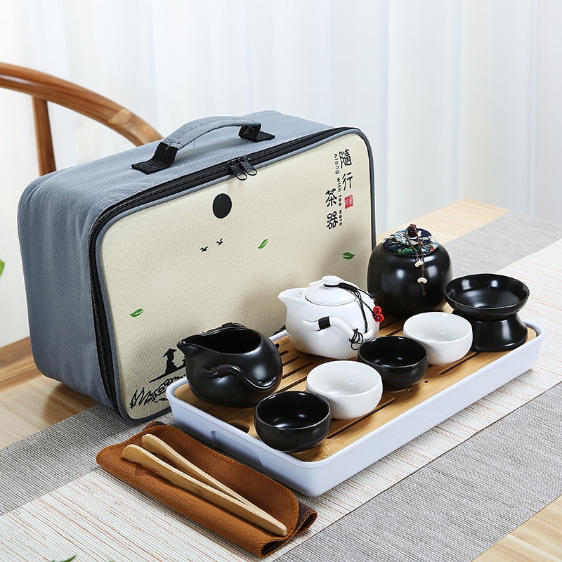Tetera de cerámica de una olla y cuatro tazas, bolsa de viaje al aire libre, juego de tazas de viaje, tetera de Kung Fu, juego de té chino
