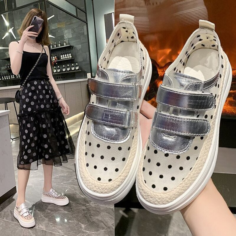 Mocasines plateados de lunares transpirables para mujer, calzado elevado de cáñamo con malla de aire y cierre de velcro,