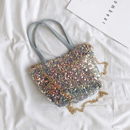 Paillettes sac d'aisselles été en cuir PU sacs à main dame Totes sac à bandoulière voyage chaîne Bling sac à bandoulière: Small Blue