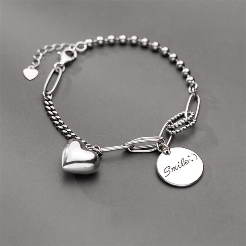 Sole Memory Round Tag Smooth Shiny Heart Pendant 925 Sterling Silver Female Resizable Bracelets SBR268