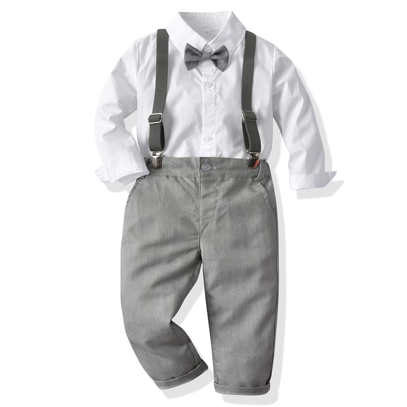 Baby Boy Gentleman Dress Infant Kids Formal Suits Bowtie Shirt + Suspender Pants Set Children Weddings Party Outfits