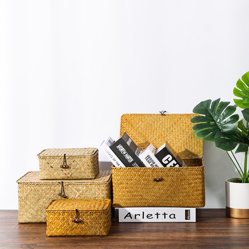 Rattan vævede opbevaringskasser med låg håndlavet flet opbevaringskurv diverse tøj kosmetik container home organizer
