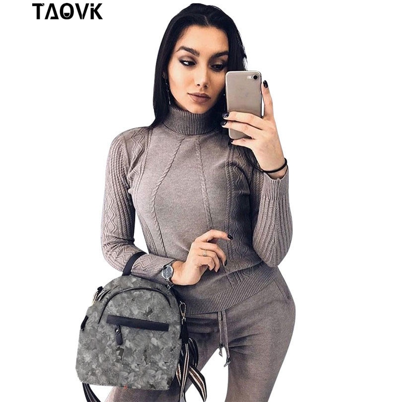 TAOVK Soft Knitted Suits warm sweater suit Women's Twist knitting turtleneck sweater top and pants Loose Style tracksuit ropa