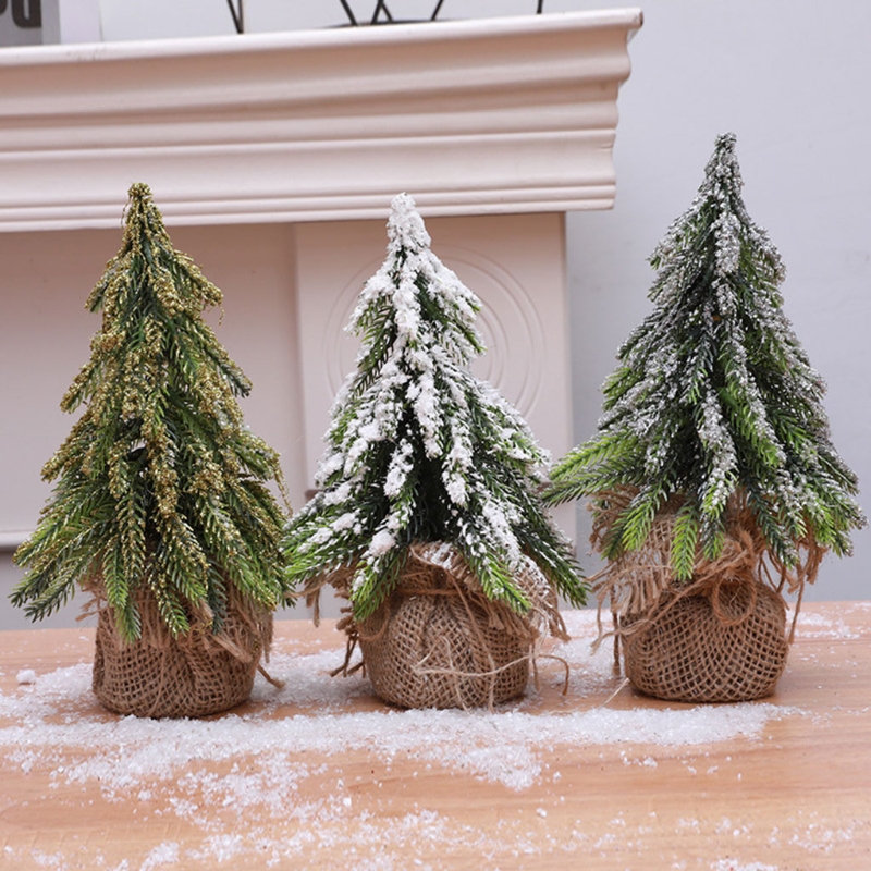 Desktop Miniatuur Sneeuw Pijnboom Mini Kerstbomen Jute Base Tafel Decor 87HA