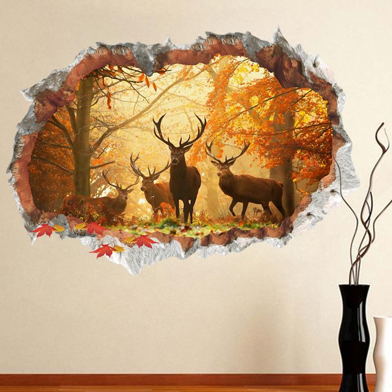 Pared rota 3D ciervo alce bosque pegatina de pared de sala de estar extraíble para la decoración del hogar, pegatinas de fondo, pegatinas de paisaje artístico
