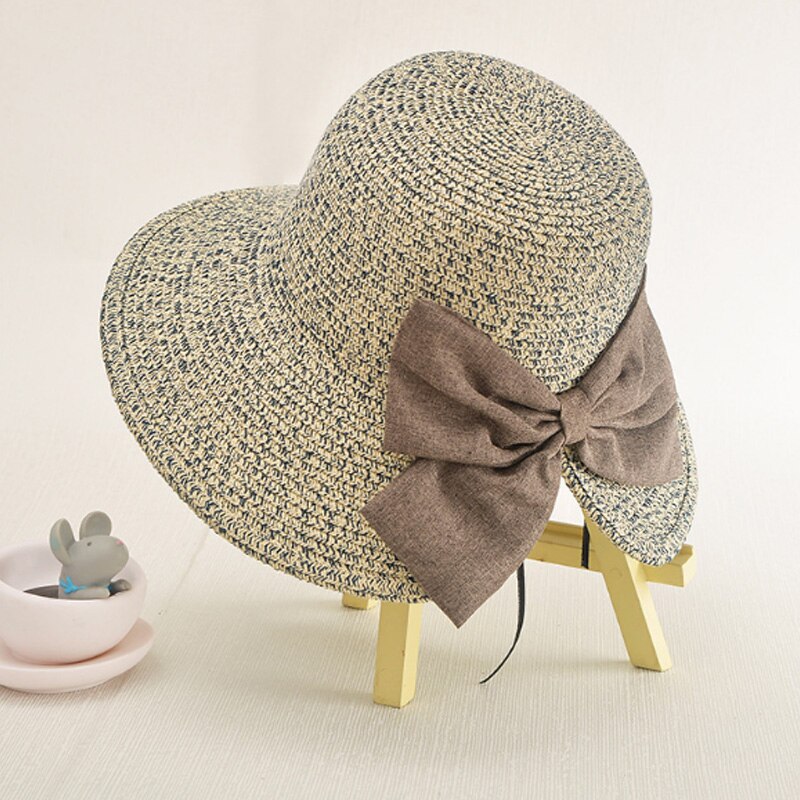 Women'S Pretty Vintage Foldable Straw Hat Large Accent Bowtie