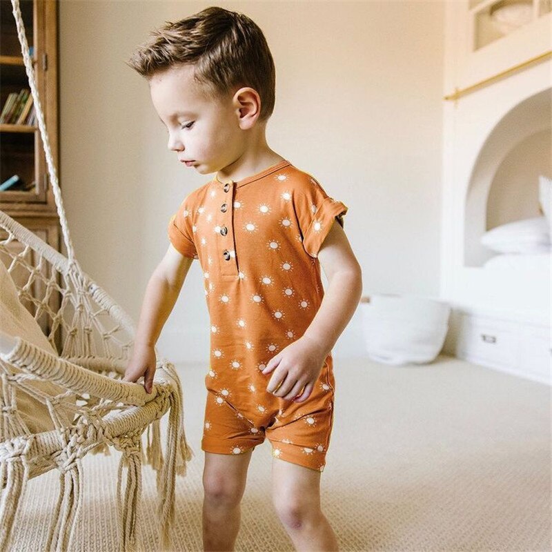 Peuters Zon Printing Playsuit Baby Jongen Korte Mouw Knop Romper Baby Ronde Kraag Kleding