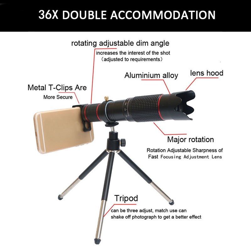 36X teleobiektyw ze statywem, odpowiedni dla iPhone 12, XS MAX, XS, X, 8, 7, 6, 6plus smartfony z systemem android