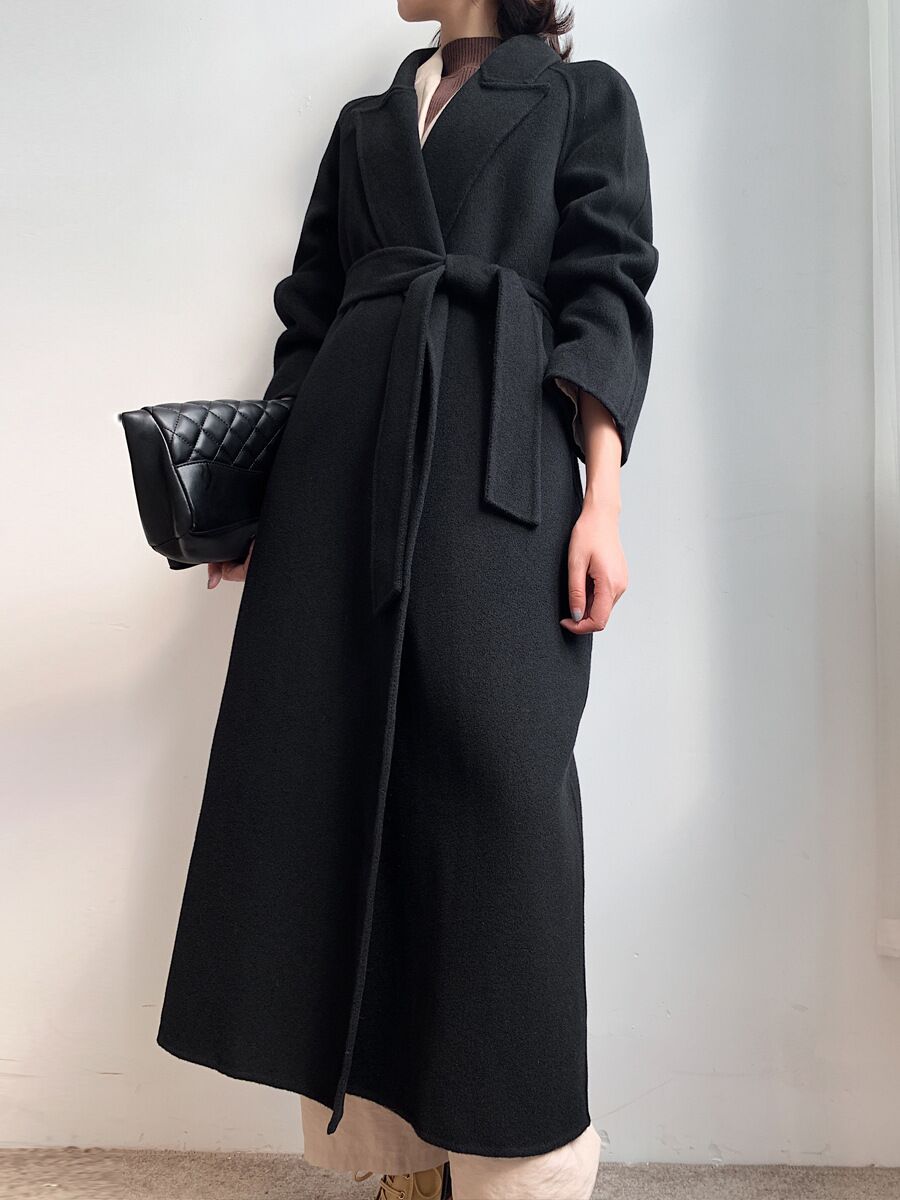 Manteau Long en laine rouge pour femme, haut de gamme, coréenne, ceinture, Slim, Double face, en cachemire, col , collection automne hiver 2022: black / M