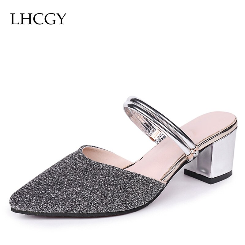 Plus Size 35-43 Summer Women Slippers Pointed Toe Woman Sandals High Heels Slippers Square Heeled Silver Slides Outside 6571