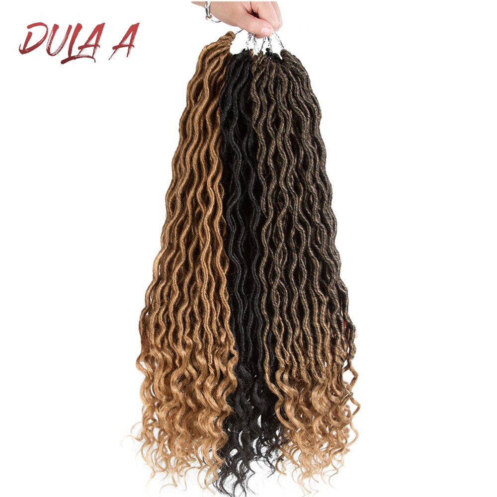 Dula A 20Inch Long Faux Locs Curly Crochet Hair Ombre Dark Brown Synthetic Braiding Hair Extensions 24 Strands/Pack