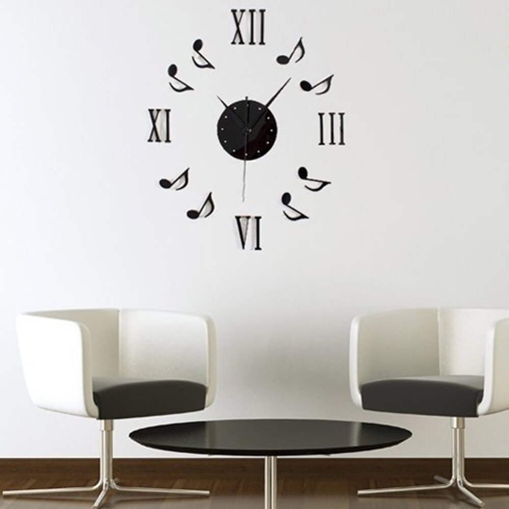 Modern Black DIY Music Notes Mirror Style Wall Clock Sticker Mirror Surface Wall Stickers Home Office Decor