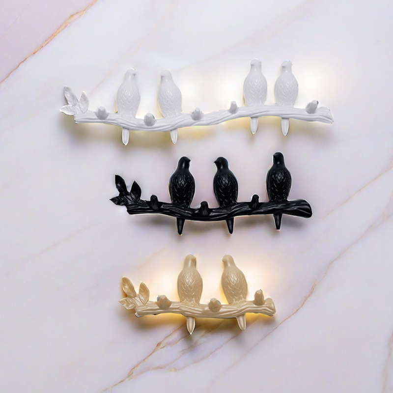 Perchero montado en la pared con ganchos para abrigos, sombreros, llaves, toallas, colgador artístico decorativo para puerta trasera, decoración de pájaros en ramas de árbol