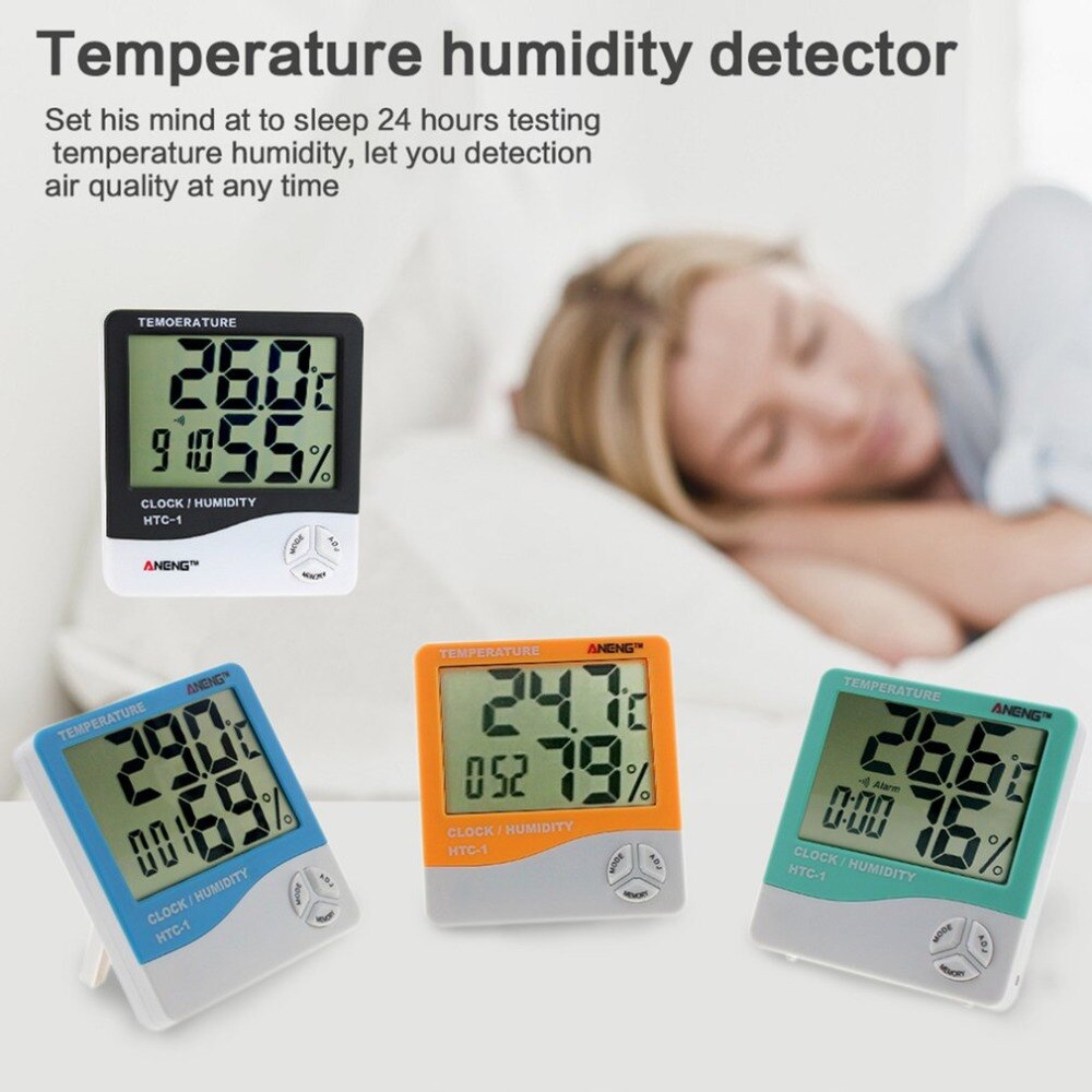 Htc -1 indendørs lcd elektronisk digital temperatur luftfugtighedsmåler rumtermometer hygrometer vækkeur vejrstation