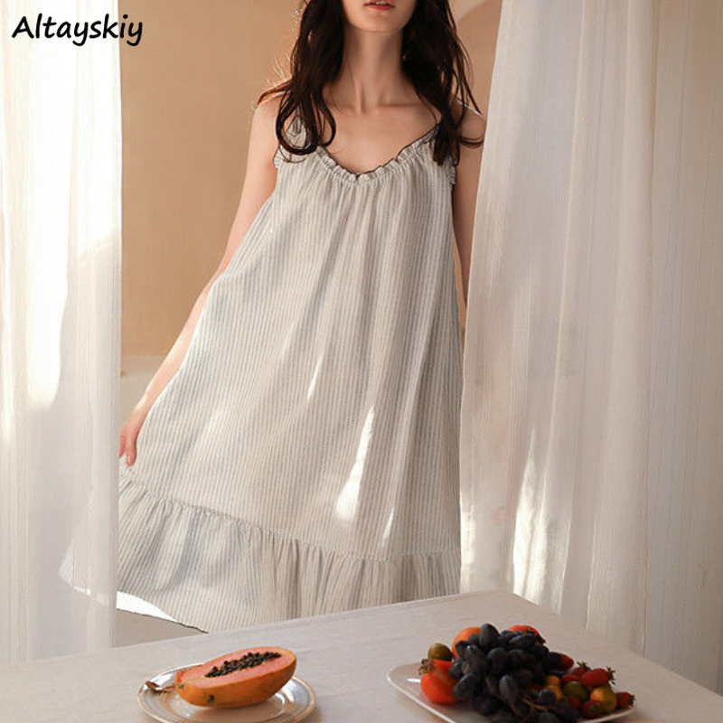 Nachthemden Oversize Losse Cozy Mouwloos Strap Ruches Trendy Eenvoudige V-hals Elegante Leisure Homewear Lounge Vrouwelijke Knielange