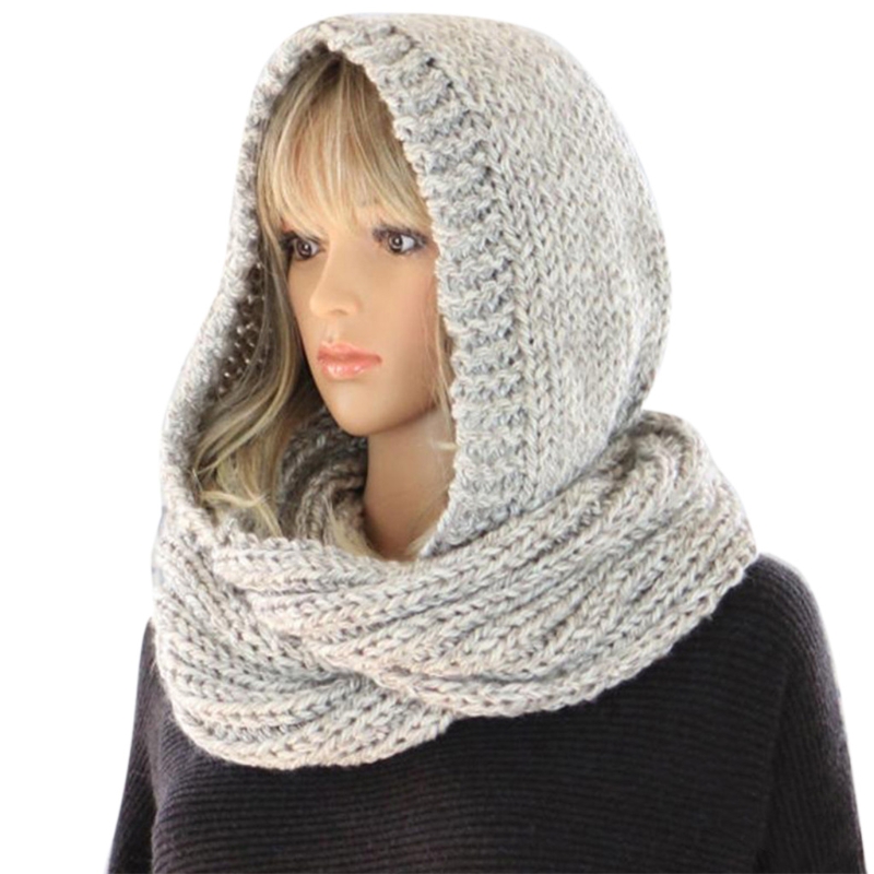 Capucha de punto de ganchillo para mujer, bufanda infinita a prueba de viento, chal largo cálido, envoltura de Color sólido, calentador de cuello: Gris