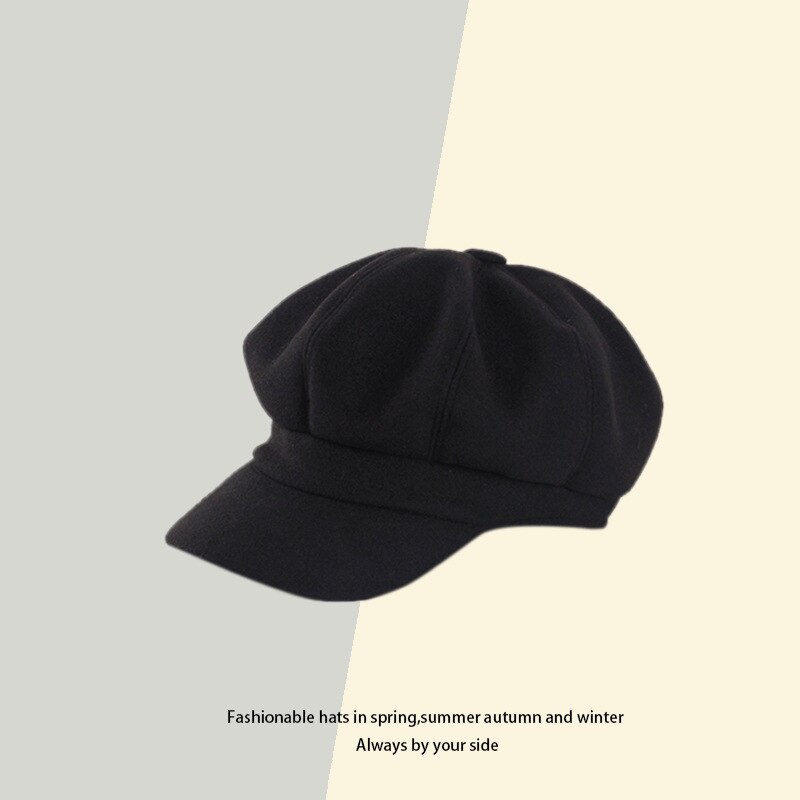 Ladies Womens Girls Black 8 Panel Wool Blend Baker Boy News Boy Flat Cap Hat: Black