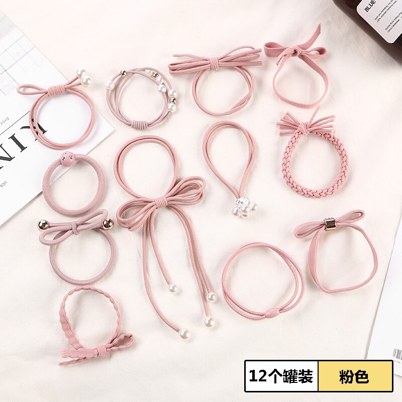 12-Pieces Girls Pink Hair Rope Hairband Korean-Style Headwear Set Hair Tie Rubber Band Hair Rope Boutiques: Tz01 Pink 12 Pieces