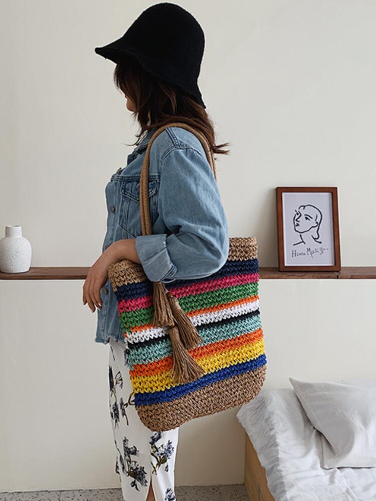 Contrast color Straw Tote bag Summer Women's Handbag High capacity Shopping Shoulder bag Beach Travel bag
