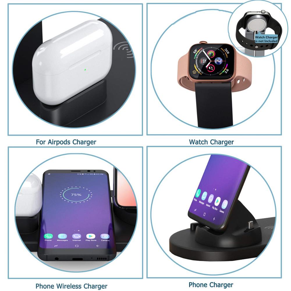 4 em 1 estação de carregamento sem fio do carregador do desktop da mesa da doca para dispositivos múltiplos para o relógio da apple airpods iphone micro usb tipo-c