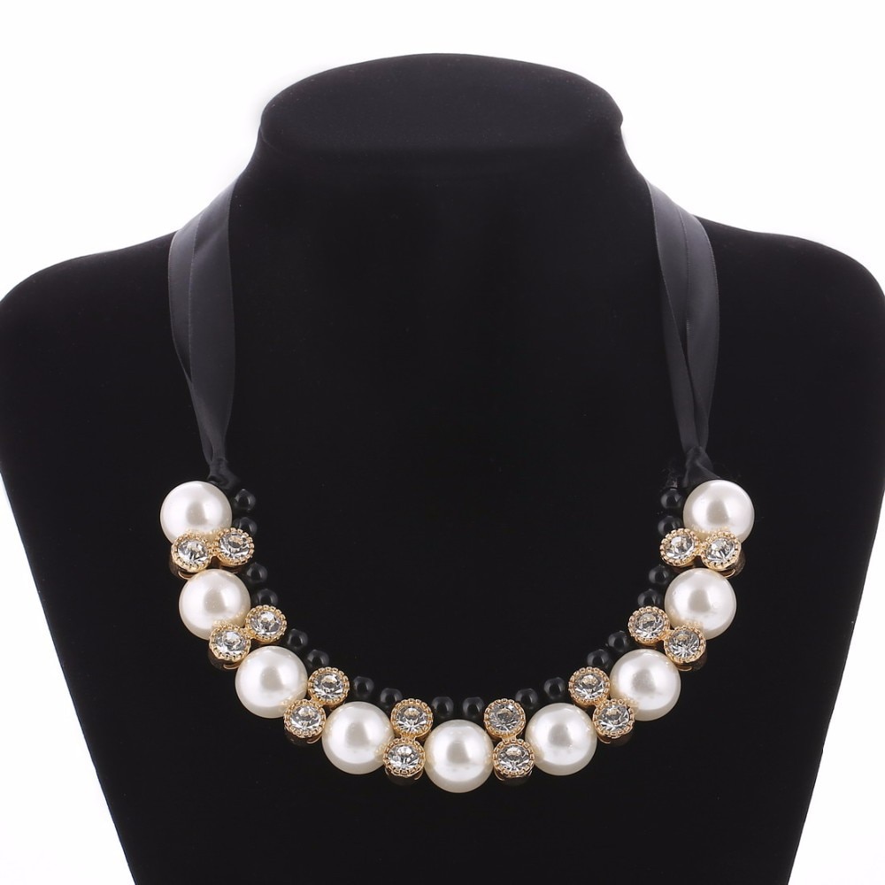 KMVEXO Imitation Pearl Chokers Necklace White Black Beads Rhinestone Ribbon Necklaces&Pendants Statement Necklace For Women