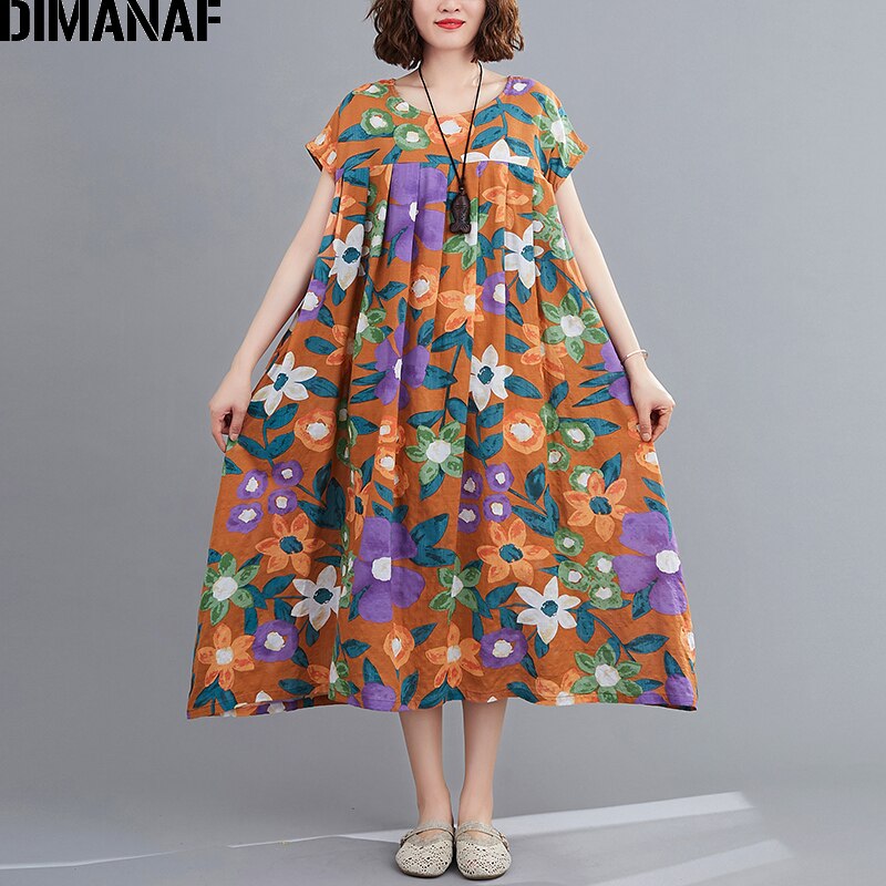 Dimanaf sommer plus størrelse kvinder kjole strand stil kvinde vestidos solkjole løst print blomster plisseret dame lang kjole: Ya6639cn-. juli / L