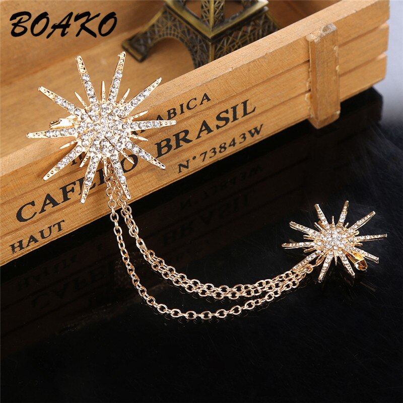 BOAKO Shining Crystal Snowflake Double Chain Tassels Brooch Women's Alloy Rhinestones Scarf Buckle Collar Pins Brooch Clip Badge: Rose gold