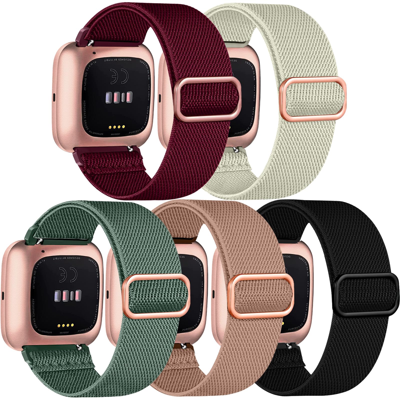 5 -pakning med rem til fitbit versa 2 1 versa lite-rem, justerbar elastisk vevd nylonløkke, sportsklokkerem, fitbit føle-rem: Multi