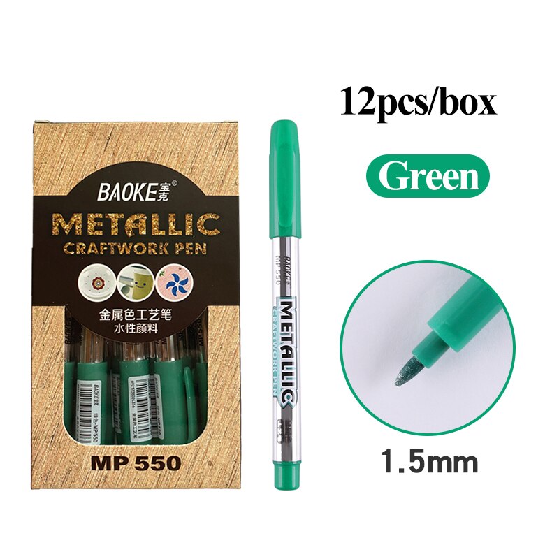 Baoke-rotuladores multiusos de Metal para manualidades, rotuladores de pintura permanente a prueba de agua, suministros de arte para estudiantes, 1,5mm, 6 colores: 12Pcs Green