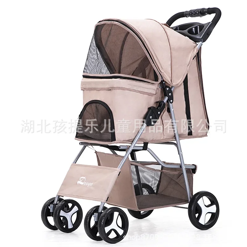 DTC-804 Portable Foldable Pet Cart Cat Dog Four Wheeled Cart Pet Outing Cart Single Handed with Sunroof: Light Brown