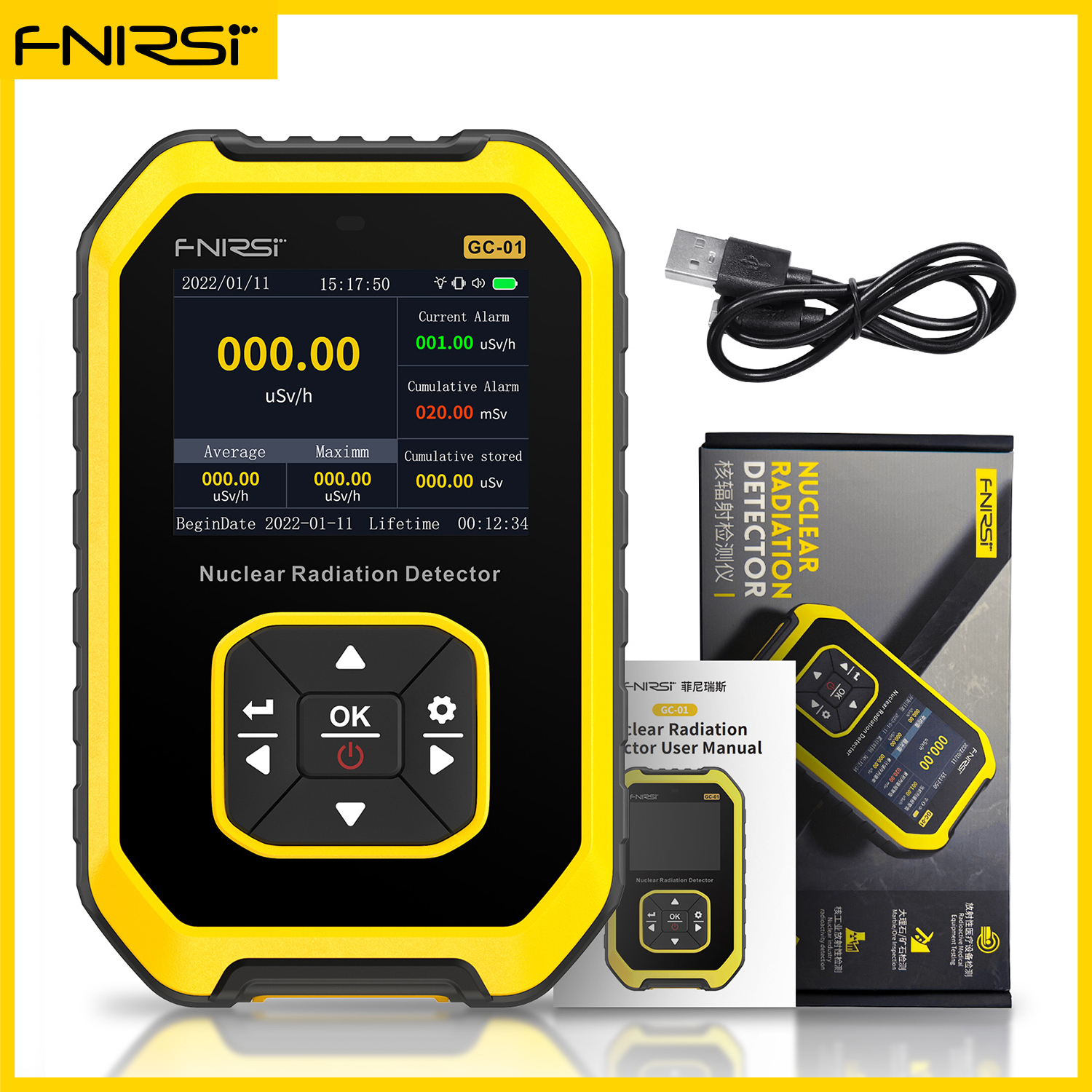 FNIRSI GC-01 Geiger Counter Nuclear Radiation Detector X-ray Beta Gamma Detector Dosimeter Y-ray β-ray Radioactive Tester: Yellow