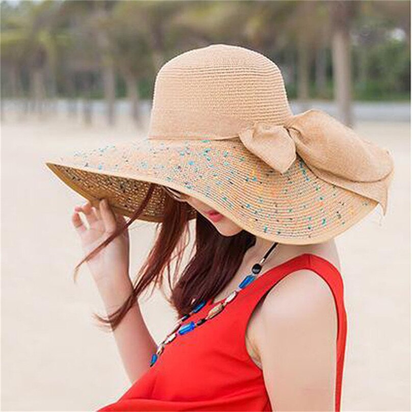Kvinder farverige strå-sløjfehat med stor skygge solfloppy brede skyggehatte solsejl kasket strandsportshat  #4 m 12
