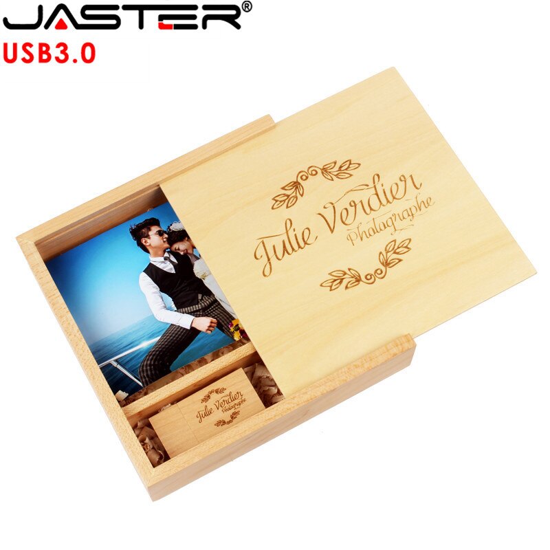Jaster usb 3.0 houten fotoalbum + doos usb-stick pendrive 64gb 16gb 4gb fotografie bruiloft gratis aangepast logo 170*170*35mm