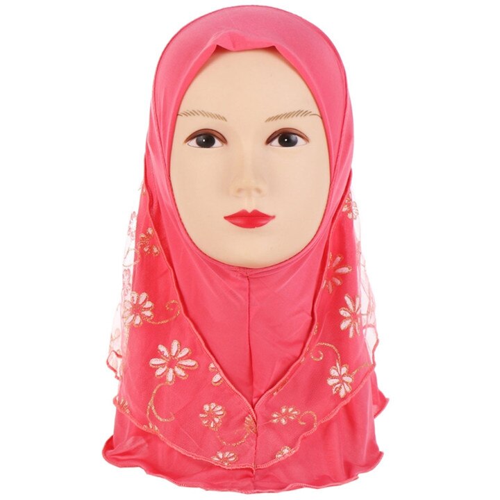 Children Kids Muslim Small Girl Hijab With Lace Flower Pattern Islamic Scarf Shawls Stretch 56cm 7-11 Years Old: K