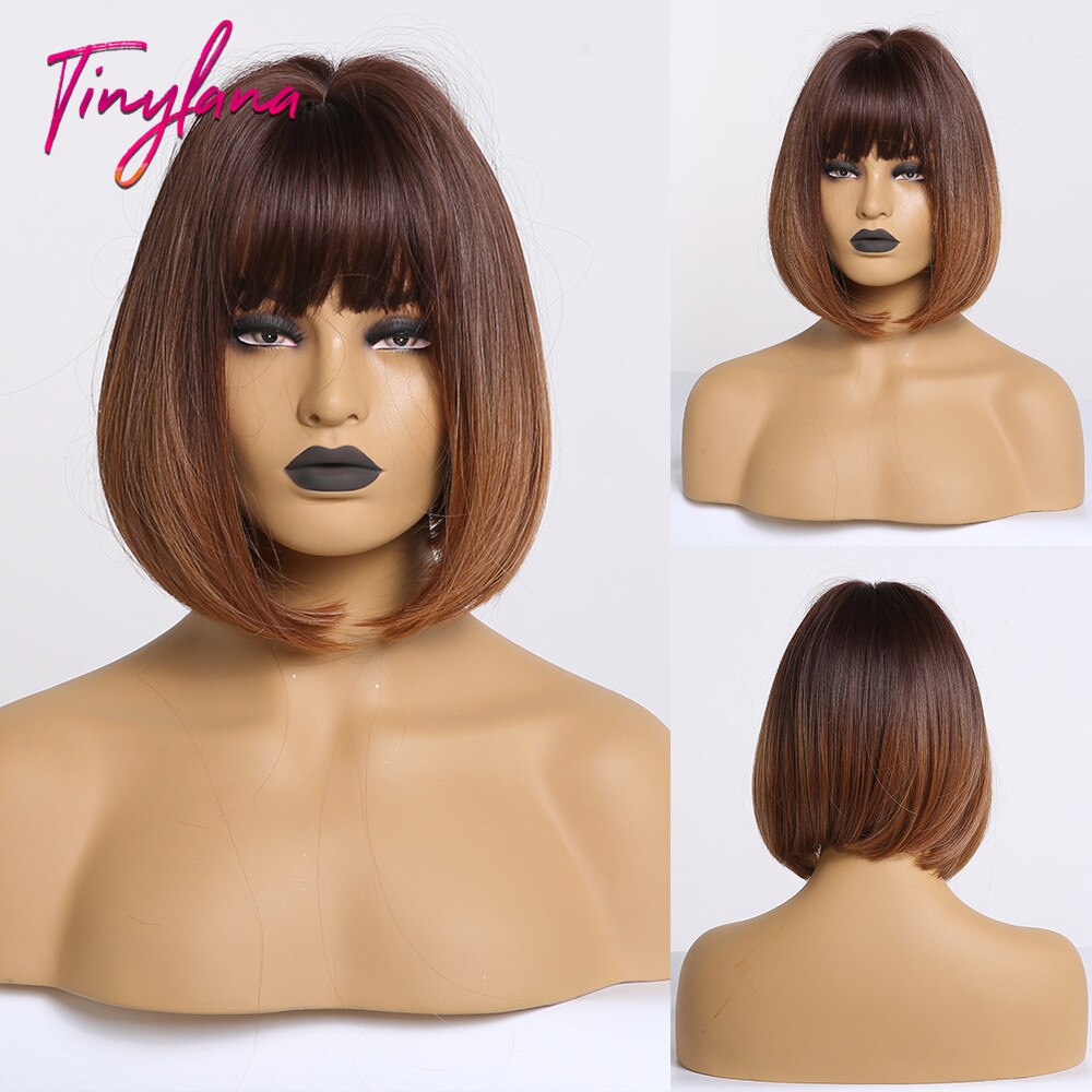 TINY-pelucas sintéticas de LANA recto oscuro para mujer, con flequillo, peluca de Bob corto, pelo Bobo resistente al calor, para Cosplay