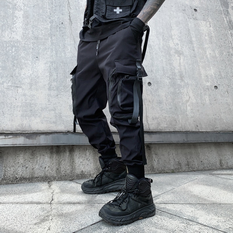 Zipper Big Pockets Ribbons Hip Hop Men's Harem Ripped Sweatpants Joggers Trousers Male Punk Full Length Pencil Pants