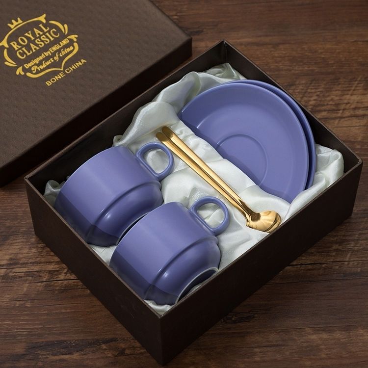 Ensemble de sous-tasses à café en céramique, ensemble de 6 pièces, tasse à thé simple européenne avec cuillère, emballage , tasse à café glaçure colorée, ensemble: pure purple